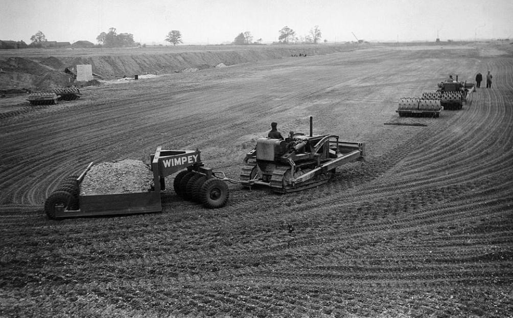 Construction of the east-west runway at London Airport (later Heathrow Airport) in 1945.