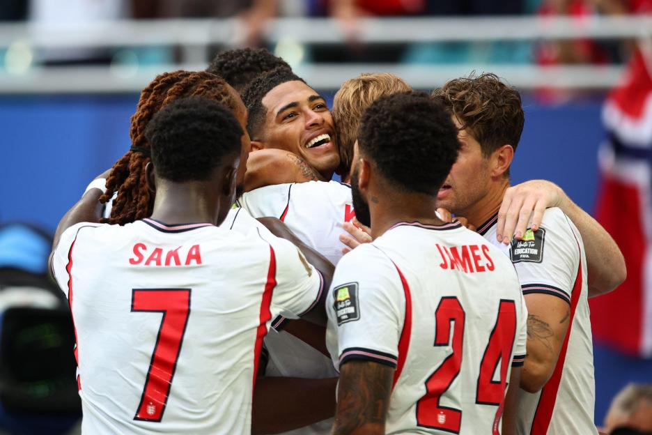 MIAMI, USA - 11th July 2026: Jude Bellingham of England celebrates scoring his side's second goal with team mates during the FIFA World Cup 2026 quarter-final match between Norway and England at Miami Stadium (Credit: Craig Mercer/ Alamy Live New