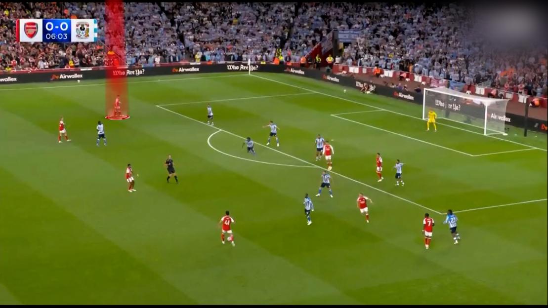 A soccer game with the score 0-0, 6 minutes into the game.