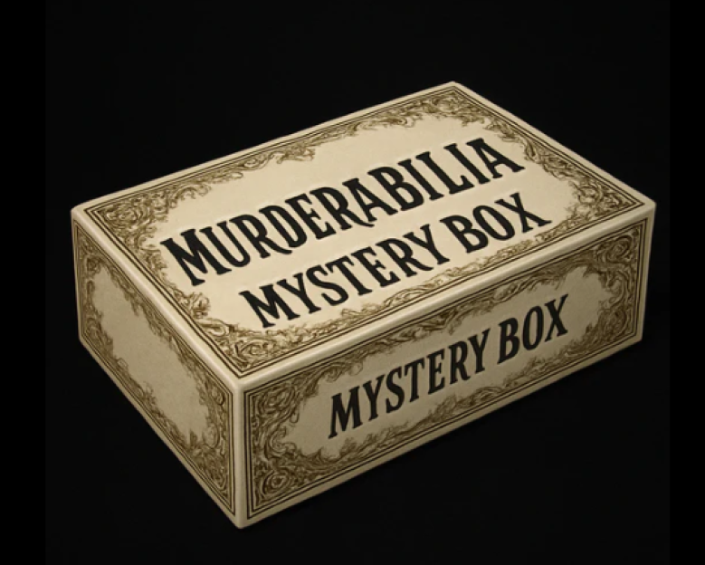 A beige box with ornate borders and the words "Muderabilia Mystery Box" printed on the top and side.