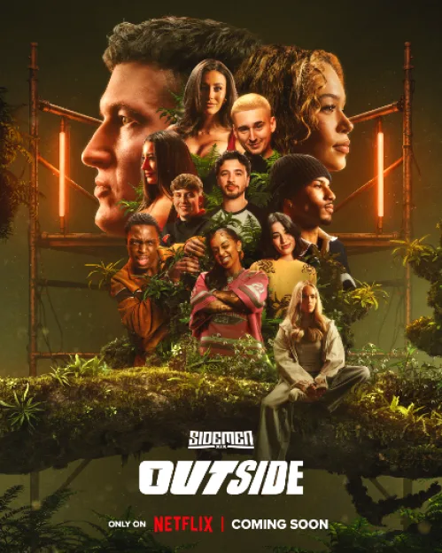 Illustration of the Sidemen: Outside poster showing a collage of 13 people with lush foliage, a large head in profile, and a Netflix logo.