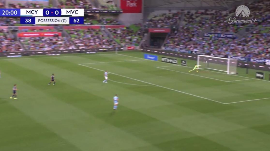 Soccer players on a field during a game, with the score 0-0 between MCY and MVC.