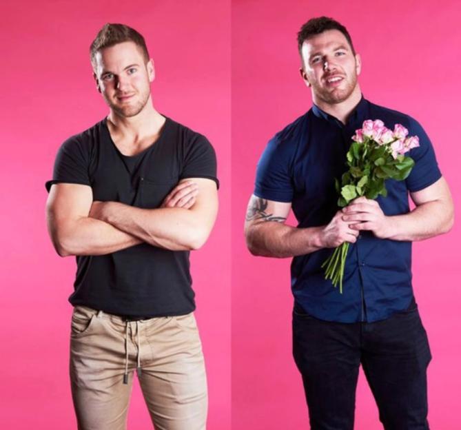 Collage of Keegan Hirst on the left with his arms crossed and a man on the right holding a bouquet of flowers.