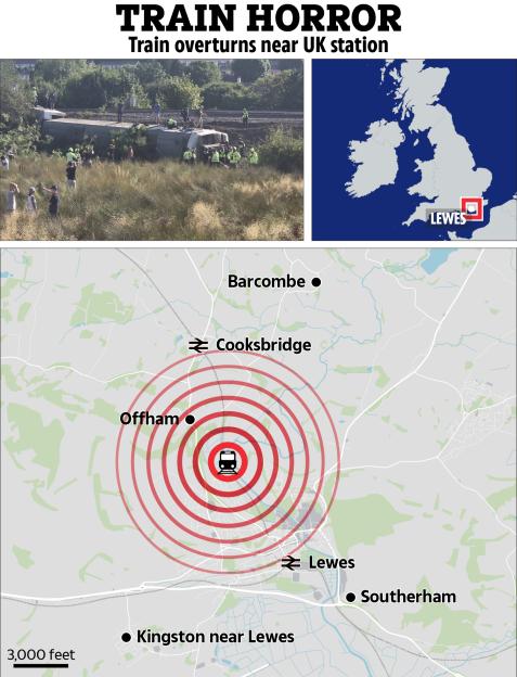 Collage of a photo of an overturned train, a map of the UK highlighting Lewes, and a detailed map showing the train crash location near Offham.