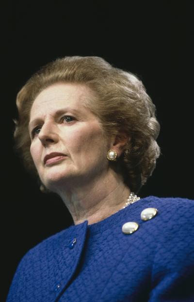 Close-up of British Prime Minister Margaret Thatcher during her general election campaign.