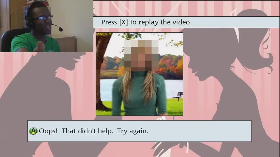 Video capture of a streamer and game displaying a blurred image of a woman with the caption "Oops! That didn't help. Try again."