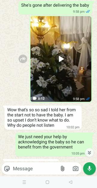 Screenshot of a text message conversation, with one person stating, "She's gone after delivering the baby" and another responding, "We just need your help by acknowledging the baby so he can benefit from the government."