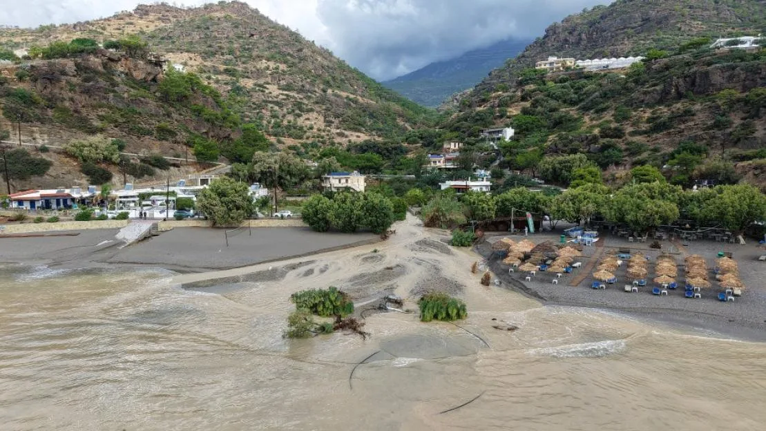 An aerial view of a flooded area near Ierapetra town, on the island of Crete, southern Greece, as severe weather causes flooding, road damage and widespread disruption across the island.