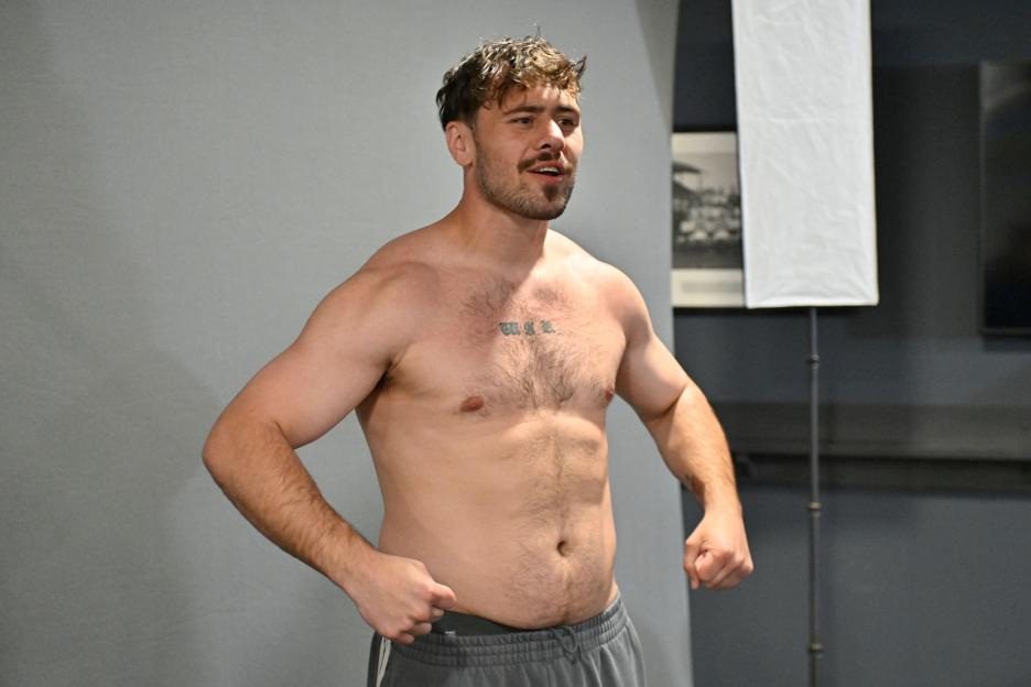 Doncaster, UK. 14th May, 2026. Dave Allen poses with shirt off during the Dave Allen vs Filip Hrgovic Final Press Conference at the Eco-Power Stadium, Doncaster, England on 14 May 2026 Credit: Connor McMain/Every Second Media Credit: Every Second Med