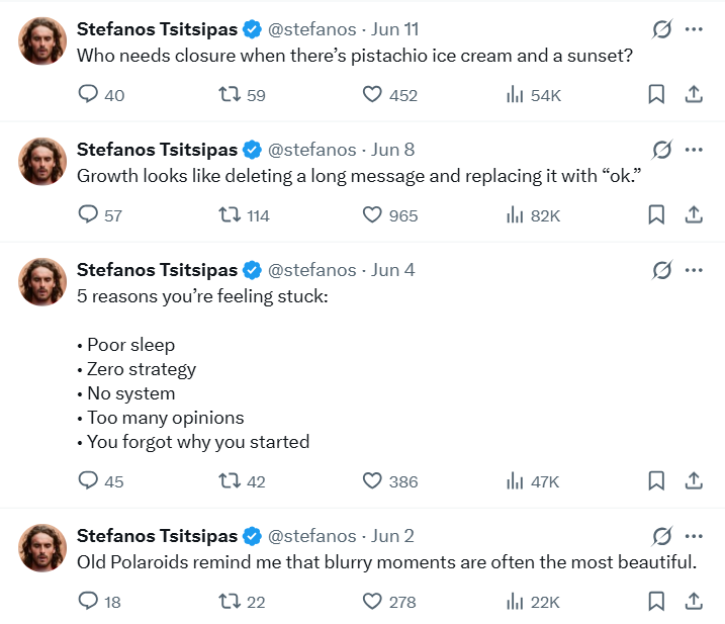 Collage of four tweets from Stefanos Tsitsipas's verified Twitter account.