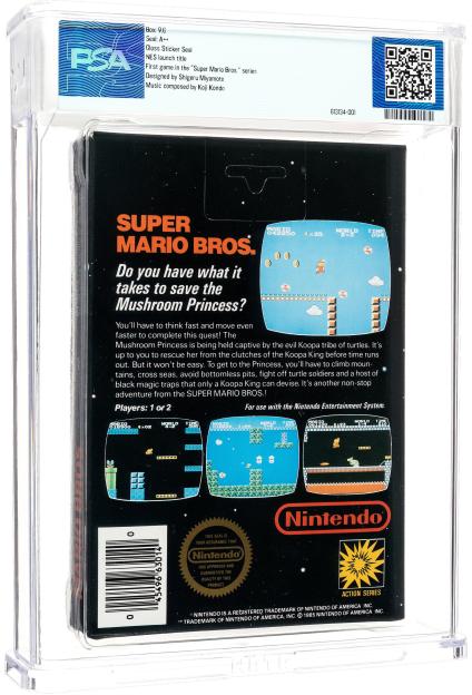 A sealed copy of Super Mario Bros. in a clear protective case, with grading information visible at the top.
