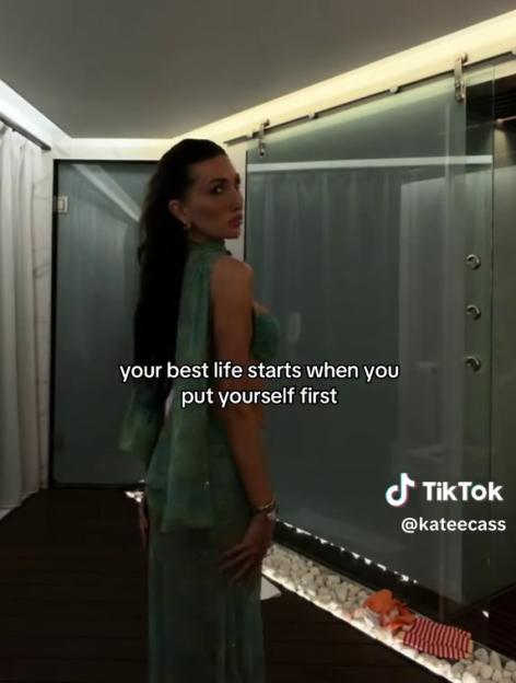 A woman in a teal dress looking over her shoulder with the text, "your best life starts when you put yourself first."