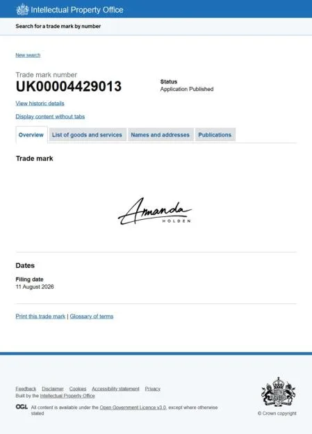 Screenshot of the Intellectual Property Office website showing Amanda Holden's trademark application.