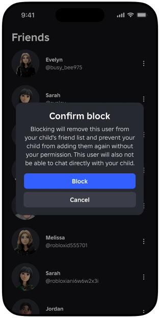 A confirmation pop-up to block a user from a child's friend list on Roblox.