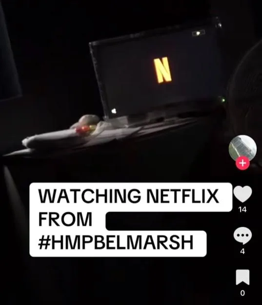 A screenshot of a TikTok video showing a person watching Netflix in HMP Belmarsh.