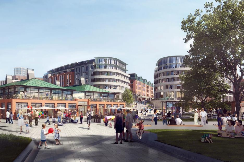 Illustration of the proposed City Centre South upgrades in Coventry, showing new buildings, public spaces, and people enjoying leisure activities.