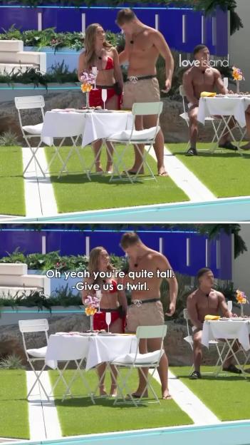 A split image showing a man and a woman in swimwear talking at an outdoor table, with another man seated at a second table in the background.