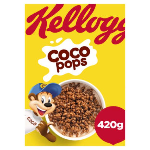 Kellogg's Coco Pops cereal box showing a bowl of cereal, the cartoon monkey mascot, and the 420g weight.