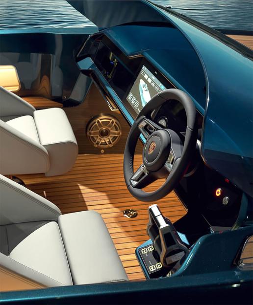 Illustration of the interior of a luxurious boat with a steering wheel and wooden floor.