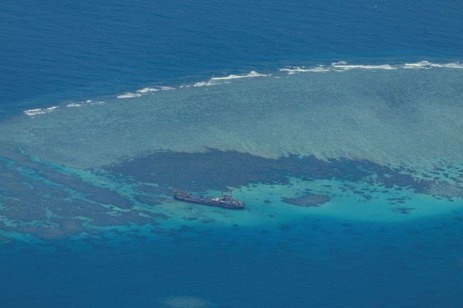 : Aerial view of the contested Second Thomas Shoal in the South China Sea