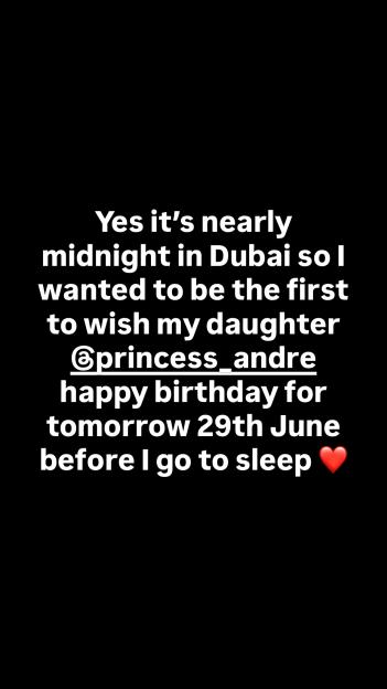 Text wishing "Princess_Andre" a happy birthday for June 29th, with the explanation that it is nearly midnight in Dubai.