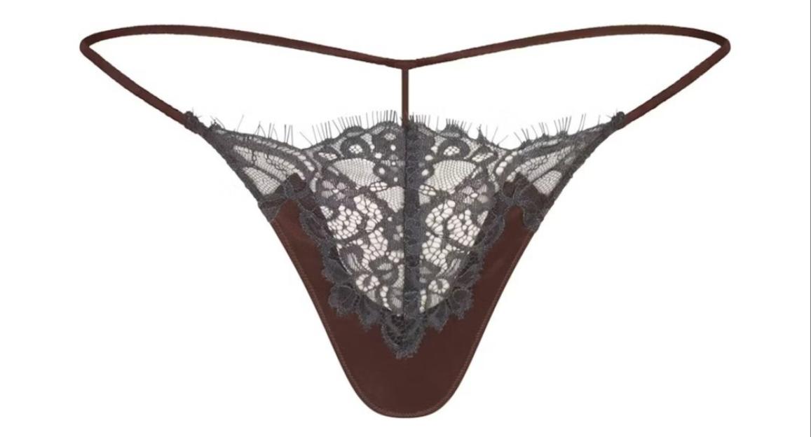 Brown and grey lace thong from SKIMS.