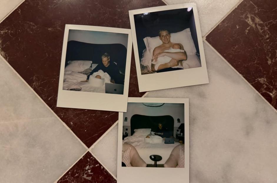 Collage of three polaroid photos showing Jamie Laing and baby Ziggy.