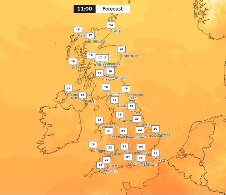 Met Office temperature forecast for Sunday, August 16th and Monday, August 17th.
