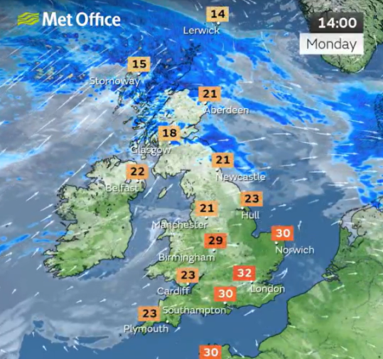 Weather map showing high temperatures across the UK, with southern England experiencing 30-32 degrees Celsius, indicating a heatwave.