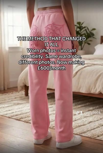 A person wearing pink sweatpants with embroidery, with text overlay on the image.