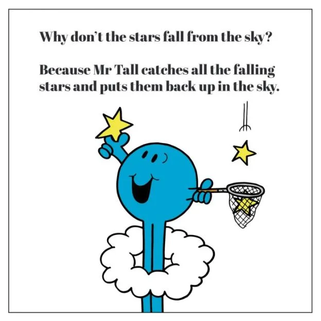 Illustration of Mr. Tall catching falling stars with a net and putting them back in the sky.