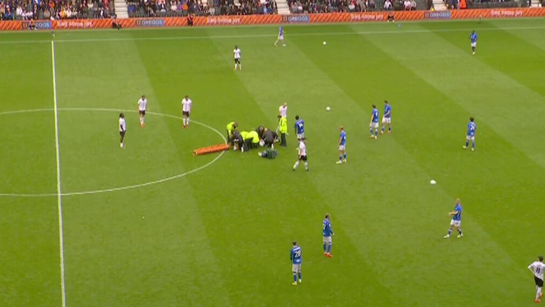 Derby vs Birmingham suspended as Henrik Meister goes down with nobody near him and medics rush on