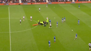 Derby vs Birmingham suspended as Henrik Meister goes down with nobody near him and medics rush on