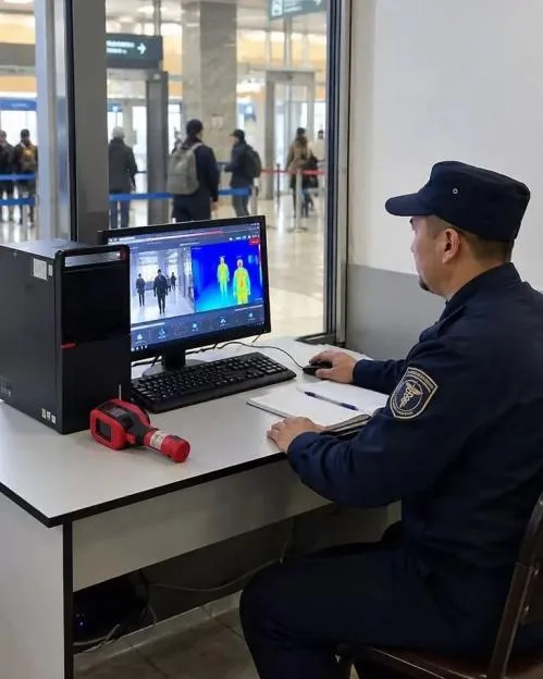 A security officer monitors thermal imaging cameras at an airport checkpoint.