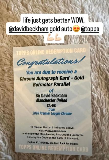 A Topps Online Redemption Card for a Sir David Beckham Gold Refractor Parallel Chrome Autograph Card from the 2026 Premier League Chrome set.