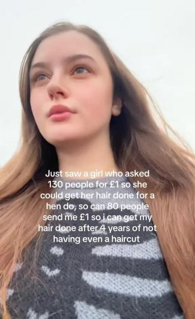 A young woman with long, light brown hair and a patterned sweater looks upwards, with text asking for donations for a haircut.