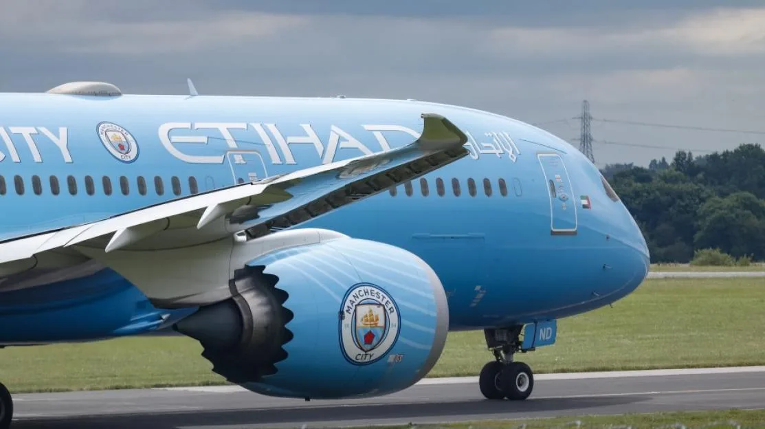 Etihad Airways Boeing 787-9 Man City FC at Manchester Airport.