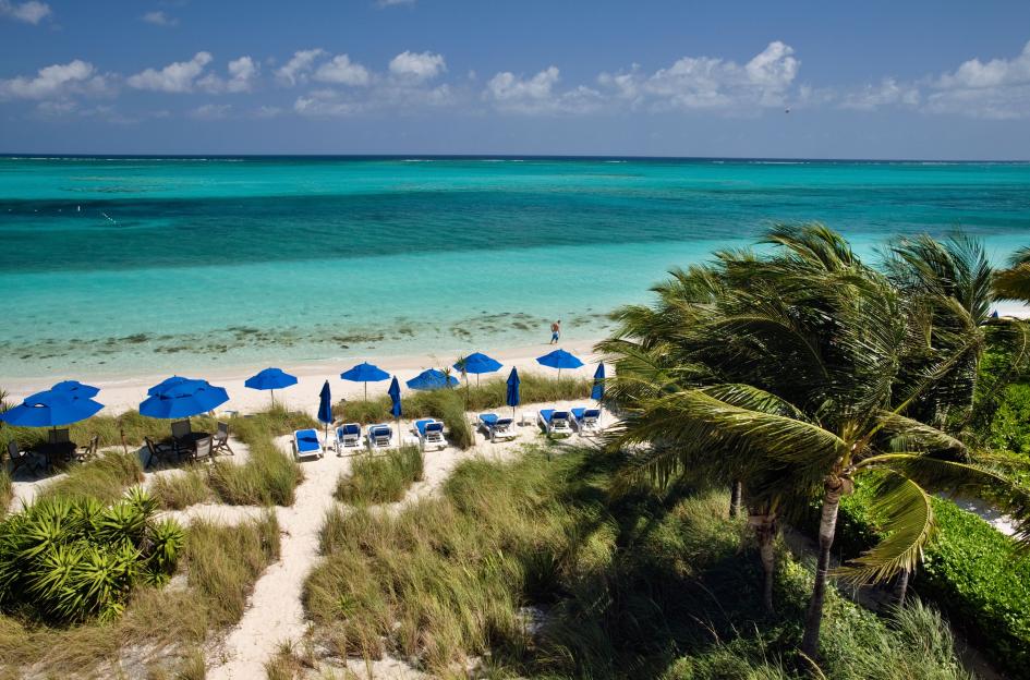 View of beachfront on Grace Bay in Providenciales, Turks & Caicos.