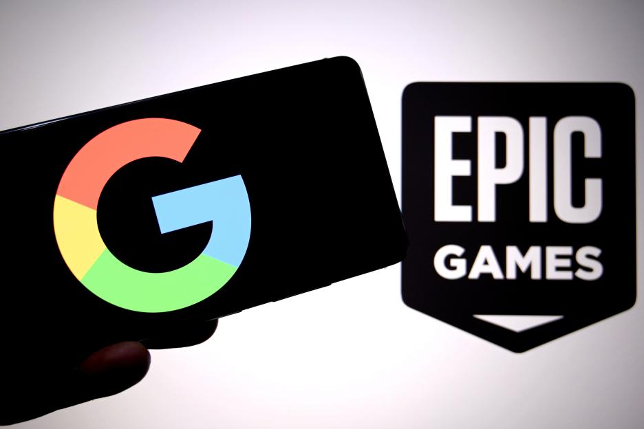 Illustration of a smartphone displaying the Google logo next to the Epic Games logo.