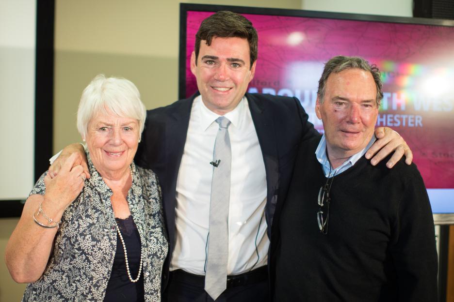Andy Burnham with his mother Eileen and father Roy after being selected as Labour's candidate for Mayor of Greater Manchester.