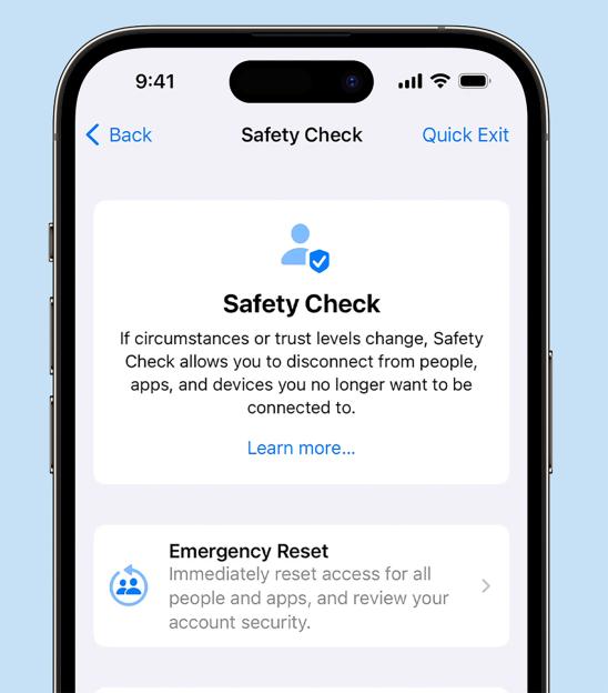 Illustration of a phone screen showing the "Safety Check" feature, with options for disconnecting from people, apps, and devices, and an "Emergency Reset" option.