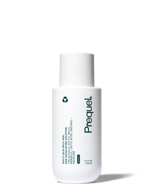 White bottle of Prequel Multi-Acid Milk Peel, AHA Exfoliating Solution.