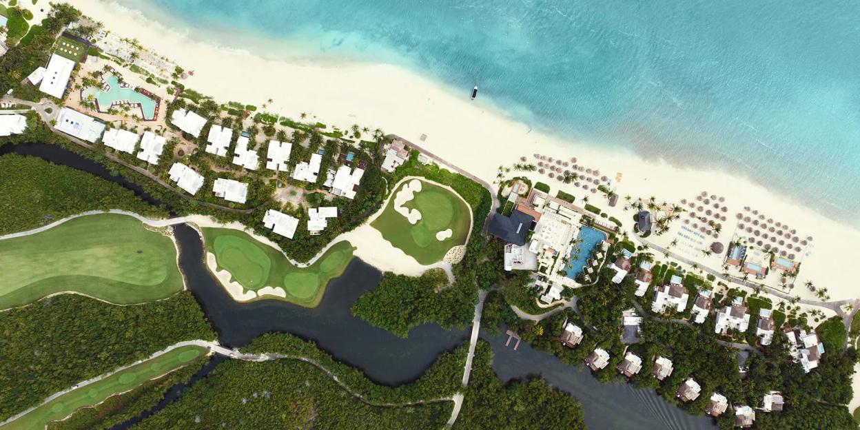 Aerial view of the Fairmont Mayakoba luxury hotel and golf course in Riviera Maya, Mexico.