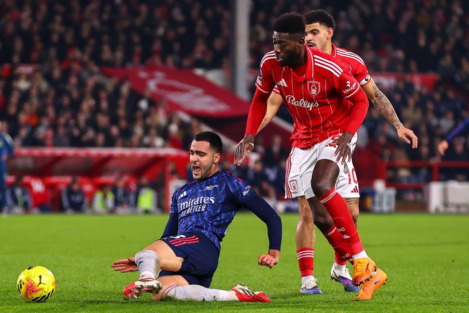 Mikel Merino of Arsenal is fouled by Ibrahim Sangare of Nottingham Forest during the Nottingham Forest v Arsenal Premier League match at the City Ground, West Bridgford, England on 17 January 2026 Credit: Ryan Crockett/Every Second Media