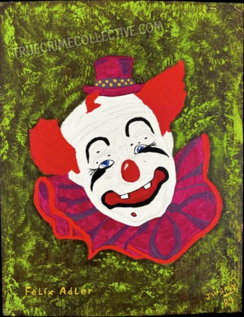 Illustration of a clown's head with white face paint, red hair, a red nose, and a pink ruff, wearing a small pink top hat.