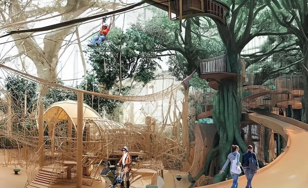 Illustration of an indoor playground with a treehouse theme, featuring slides, climbing walls, rope bridges, and zip lines.