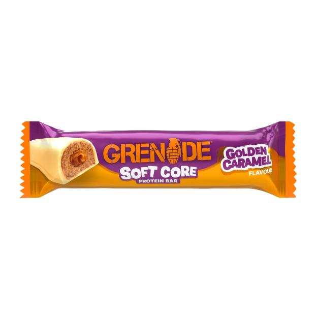 Grenade Soft Core Golden Caramel Flavour protein bar, with a bite taken out to show the caramel filling.