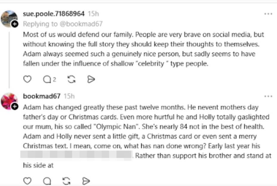A screenshot of two social media comments discussing Adam Peaty's relationship with his family, particularly his "Olympic Nan".