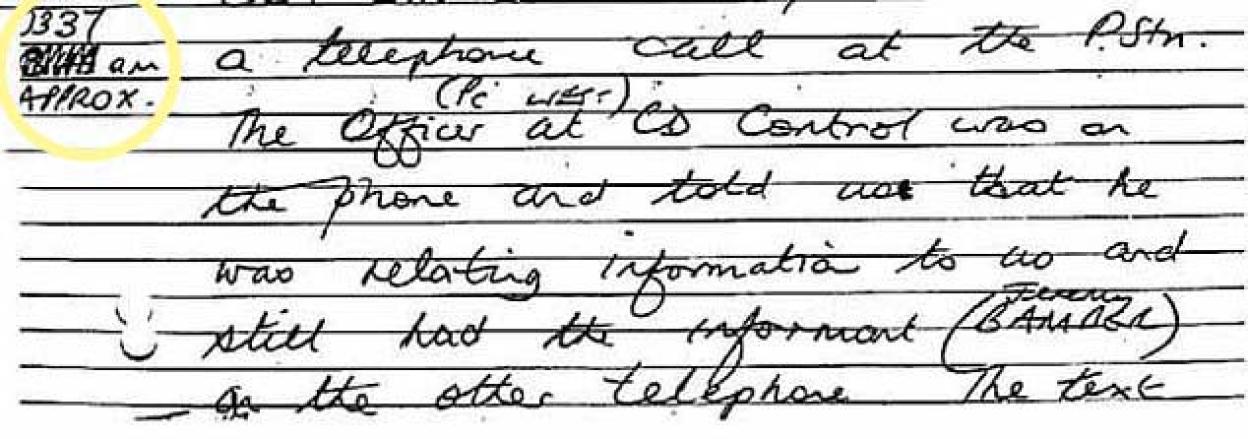 Handwritten police document with a circled time of "3.37 am APPROX."