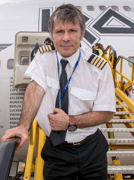 Collage of Bruce Dickinson as a young rocker and as an airline pilot.